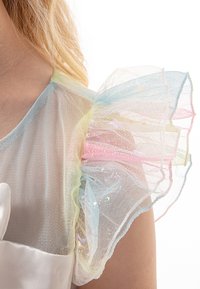 Sheer, pastel-colored tulle puff sleeve with iridescent accents paired with a smooth, white fabric bodice. Close-up view.