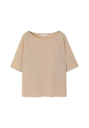Beige Strickoberteil mit kurzen Ärmeln und lässiger Passform, weitem Halsausschnitt und glatter Struktur. Leichtes Material mit minimalen Design-Details.