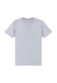 Camiseta de algodón gris con mangas cortas y cuello redondo. Textura suave y sin patrones ni acentos visibles. Vista posterior únicamente.