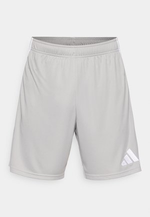 Grey athletic shorts with an elastic waistband, featuring white accent stripes and a white logo on the left side. Smooth, lightweight fabric.
