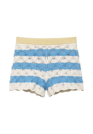 Crocheted knit shorts with horizontal blue and white stripes and a beige elastic waistband, featuring a scalloped hem.