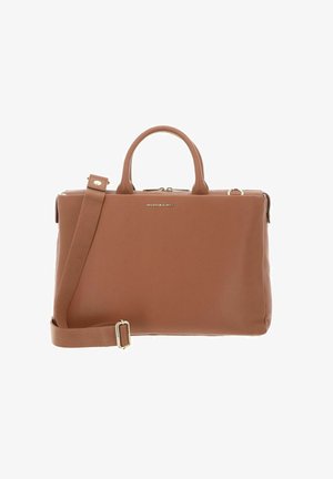 Sac à main en cuir marron au design structuré, avec poignées supérieures, bandoulière amovible et ferrures dorées. Texture lisse avec un grain subtil.