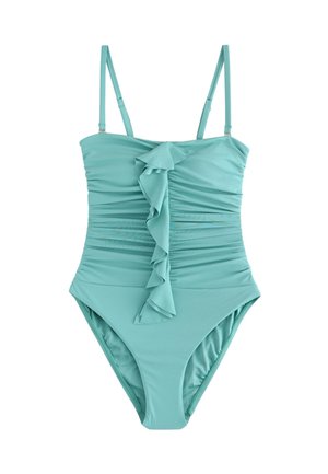 Türkiz egyrészes fürdőruha állítható vállpántokkal, ráncolt elülső résszel és középen függőleges fodordísszel.