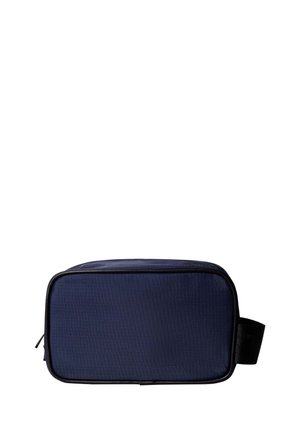 Rectangular navy blue toiletry bag with black trim, a zipper closure on top, and a black handle on the side, shown against a white background.