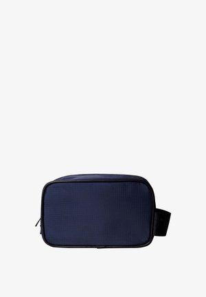 Rectangular navy blue toiletry bag with black trim, a zipper closure on top, and a black handle on the side, shown against a white background.