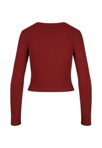Red ribbed long-sleeve crop top with a round neckline and fitted silhouette. Smooth texture and a simple design, ideal for layering.