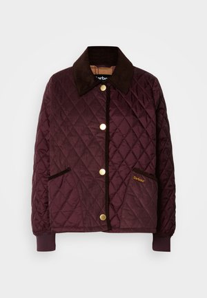 Quilted jacket in deep burgundy with brown corduroy collar, snap buttons, two front pockets, and ribbed cuffs. Features subtle branding detail.