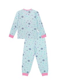 Light blue long-sleeve pajama set with pink cuffs, featuring a snowflake and geometric pattern in purple and blue tones.