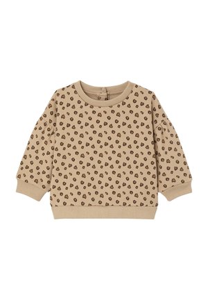 Beige Sweatshirt mit rundem Ausschnitt, langen Ärmeln und gerippten Bündchen. Besitzt ein sich wiederholendes braunes Herzmuster. Knopfverschlüsse am Rücken.