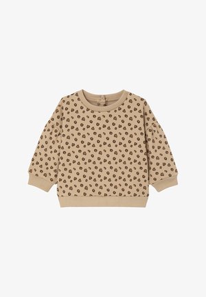 Beige Sweatshirt mit rundem Ausschnitt, langen Ärmeln und gerippten Bündchen. Besitzt ein sich wiederholendes braunes Herzmuster. Knopfverschlüsse am Rücken.