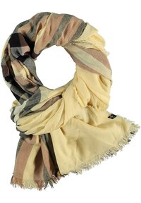 Bufanda de rayas beige y multicolores en tejido ligero, con bordes deshilachados y una textura suave. Se muestra en disposición circular.