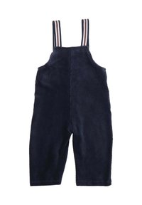Marineblaue Corduroy-Overall mit gestreiften, verstellbaren Schulterträgern und geradem Bein-Design. Weiches Material mit vertikalen Rillen.