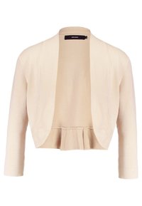 Beige zkrácený kardigan s otevřeným předním dílem, dlouhými rukávy a subtilním žebrovaným lemem.