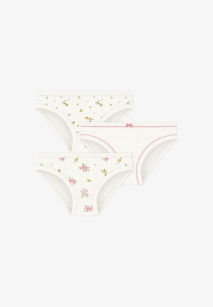 Τρία ζευγάρια λευκά βαμβακερά εσώρουχα με λουλουδάτα σχέδια σε κίτρινο και ροζ, με μαλακές ελαστικές μέσες και διακοσμητικές λεπτομέρειες.