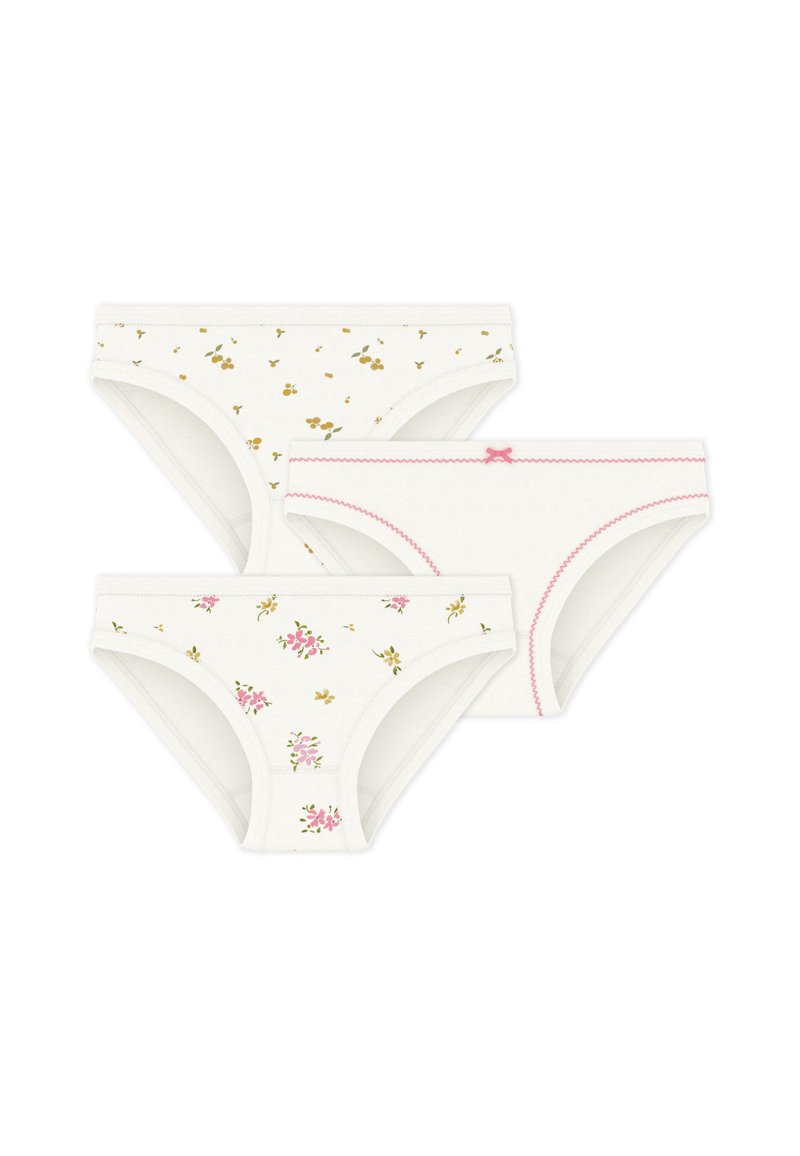 Τρία ζευγάρια λευκά βαμβακερά εσώρουχα με λουλουδάτα σχέδια σε κίτρινο και ροζ, με μαλακές ελαστικές μέσες και διακοσμητικές λεπτομέρειες.