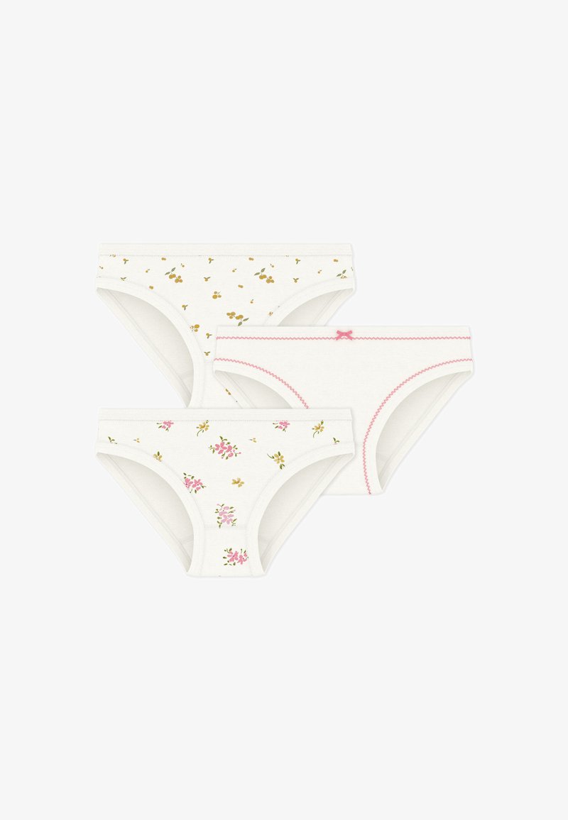 Τρία ζευγάρια λευκά βαμβακερά εσώρουχα με λουλουδάτα σχέδια σε κίτρινο και ροζ, με μαλακές ελαστικές μέσες και διακοσμητικές λεπτομέρειες.