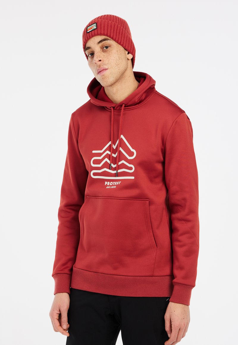 Rode hoodie met een witte grafische print op de voorkant, met een kangoeroezak en geribbelde manchetten. Gecombineerd met een bijpassende beanie.