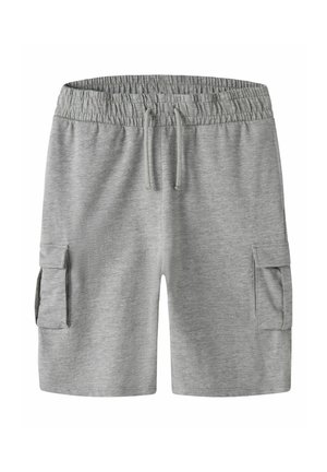 Pantalones cortos cargo de algodón gris claro con cintura elástica, cordón ajustable y bolsillos laterales con solapa.