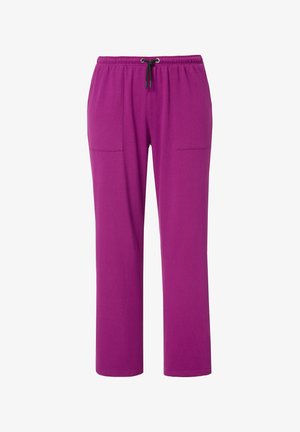 Pantaloni viola con vita elastica e cordino, dotati di due tasche laterali e design a gamba dritta, realizzati in morbido tessuto misto cotone.