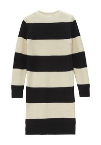 Gebreide jurk met afwisselend zwarte en crême horizontale strepen, ronde halslijn, lange mouwen, en geribde manchetten en zoom.