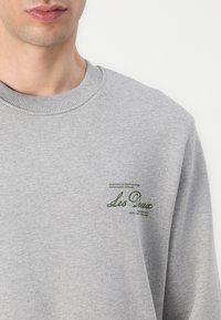Sweatshirt gri din bumbac, cu guler rotund cu nervuri și un imprimeu verde cu logo pe pieptul stâng. Textură moale, croială lejeră.