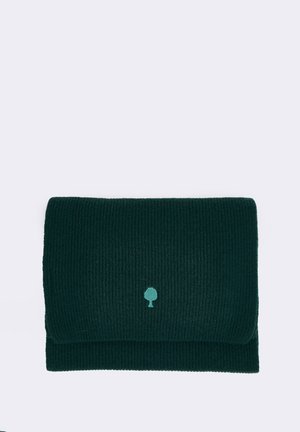Ribbed green fabric clutch with a folded design, featuring a small blue tree logo on the front. Durable and textural.