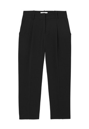 Pantalons noirs avec une coupe droite, un pli devant et des poches latérales. Fabriqués en tissu lisse sans motifs ni accessoires visibles.