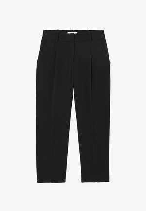 Pantalons noirs avec une coupe droite, un pli devant et des poches latérales. Fabriqués en tissu lisse sans motifs ni accessoires visibles.