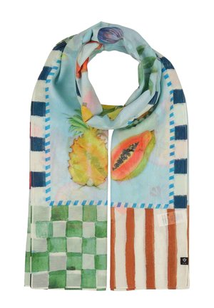 Chusta z nadrukiem owoców w stylu akwareli, w tym ananasa, papai i figi, z niebieskim kratkowanym i pomarańczowym paskowanym obramowaniem.