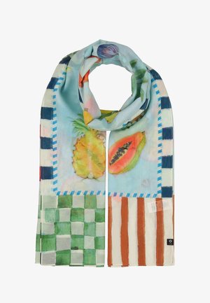 Sál akvarell stílusú gyümölcsmintákkal, többek között ananásszal, papayával és fügével, kék kockás és narancssárga csíkos szegélyekkel.