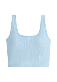 Light blue ribbed knit crop top with wide straps and geometric pattern details on the front.