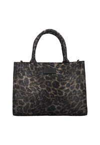 Leopard-print håndtaske lavet af tekstureret syntetisk materiale. Har dobbelt håndtag og et mærke på forsiden. Farveskema: sort og brun.