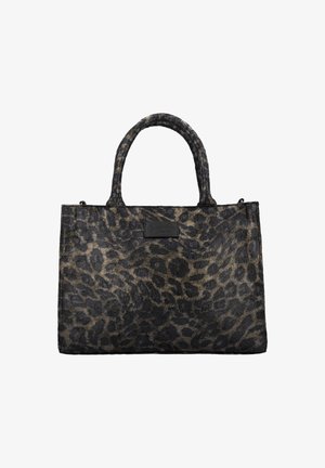 Sac à main en imprimé léopard, fabriqué en matériau synthétique texturé. Dispose de poignées doubles et d'une étiquette de marque à l'avant. Schéma de couleurs : noir et brun.