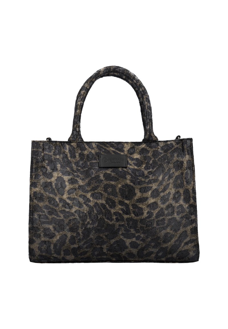 Leopard-print håndtaske lavet af tekstureret syntetisk materiale. Har dobbelt håndtag og et mærke på forsiden. Farveskema: sort og brun.