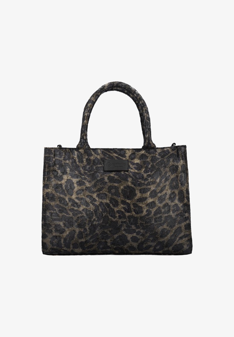 Leopard-print håndtaske lavet af tekstureret syntetisk materiale. Har dobbelt håndtag og et mærke på forsiden. Farveskema: sort og brun.