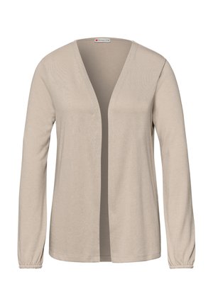 Cardigan beige à manches longues, ouverture devant, poignets élastiques et design simple sans col.