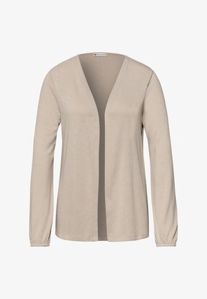 Cardigan beige à manches longues, ouverture devant, poignets élastiques et design simple sans col.