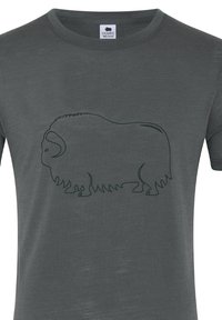 Mørkegrå t-shirt med en simpel stregtegning af en bison på fronten. Stoffet har en glat tekstur og klassisk rund hals design.