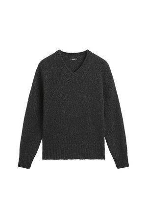 Mörkgrå stickad v-ringad tröja med långa ärmar, ribbade muddar och fåll. Mjuk textur med ett subtilt heather-mönster genomgående.