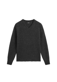 Dunkelgrauer, gestrickter V-Ausschnitt-Pullover mit langen Ärmeln, gerippten Bündchen und Saum. Weiche Textur mit einem subtilen Melange-Muster auf der gesamten Fläche.