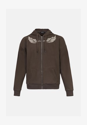 Rudas užtrauktukas hoodis, pagamintas iš medvilnės. Su sparnų grafika ant krūtinės, dviem priekinių kišenių ir reguliuojamu kapišonu.