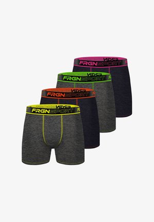 Quatre paires de boxers gris avec des ceintures et des coutures colorées en jaune, orange, vert et rose, étiquetées "FRGNSPORT."