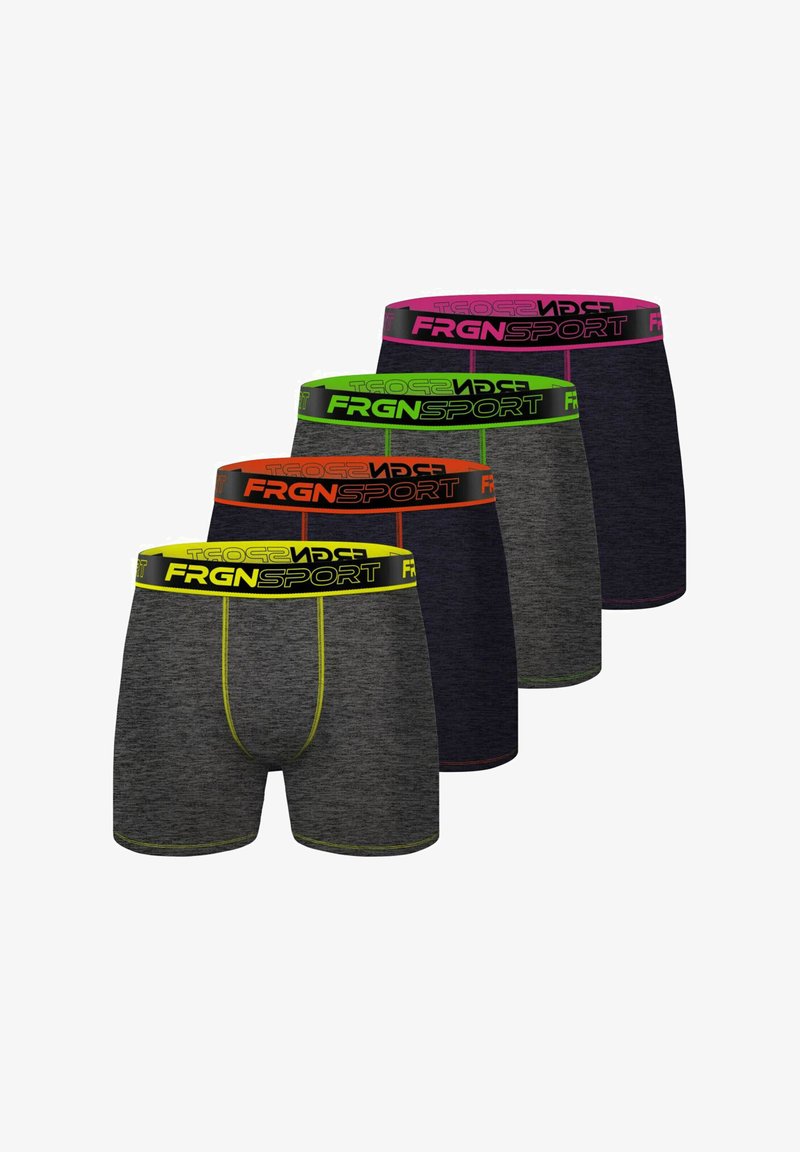 Quatre paires de boxers gris avec des ceintures et des coutures colorées en jaune, orange, vert et rose, étiquetées "FRGNSPORT."