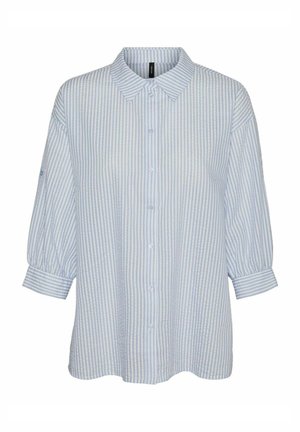 Blauw-wit gestreepte katoenen blouse met een kraag, knoopsluiting en driekwart mouwen met omgeslagen manchetten.