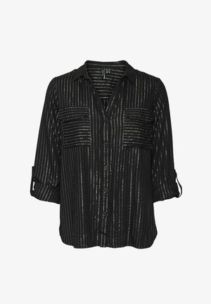 Must küllane särk V-kaelusega, pikkade varrukatega, mis on üles tõmmatud, vertikaalsete hõbedaste triipudega ja kahe esikotiga. Standardne lõige ja kudumistruktuur.