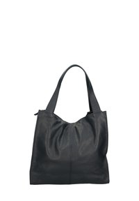 Zwarte leren totebag met een zachte, gestructureerde afwerking, voorzien van twee brede handvatten en een geplooid ontwerp aan de bovenkant. Afmetingen ongeveer 30x36 cm.