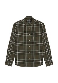 Camicia a quadretti verdi in cotone con colletto a bottoni, stripes bianche e verdi scure, e bottoni crema. Maniche lunghe e orlo dritto.
