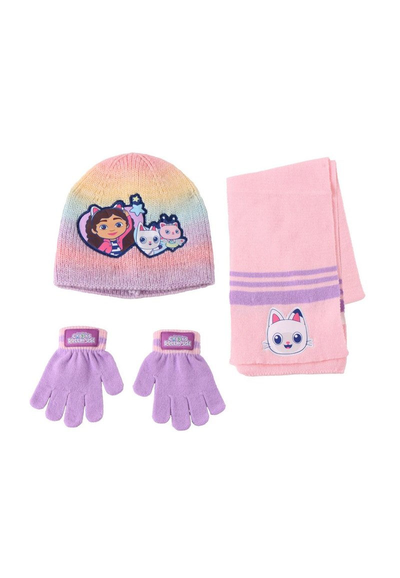 Ensemble d'accessoires en tricot comprenant un bonnet dégradé avec un patch de personnage, une écharpe rose à rayures et des gants violets avec un insigne de personnage.