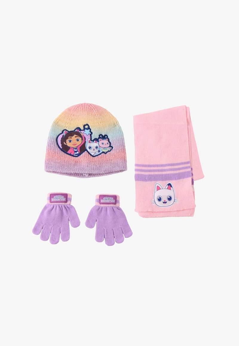 Breisaccessoireset, inclusief een gradient-beanie met een karakterpatch, een roze sjaal met strepen en paarse handschoenen met een karakterbadge.
