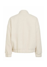 Veste en polaire sherpa couleur crème avec manches longues, poignets élastiques et col montant, vue de dos.